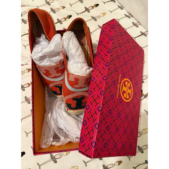 Tory burch Poppy Espadrille coral canvas and leather SZ 7.5 with box - Picture 9 of 9